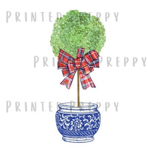 Chinoiserie Christmas Topiary with Tartan Bow PNG // Blue and White PNG // Digital Download Chinoiserie Preppy Christmas