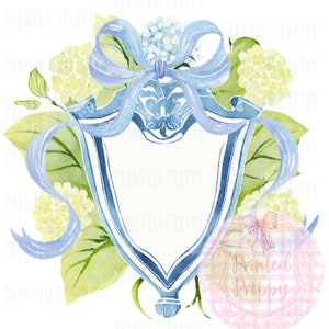 Preppy Blue and White Crest PNG / Floral Monogram Crest // Shower Invitation Clip Art/ Blue and White Decor/Coastal Grandma