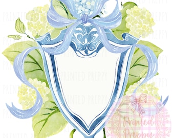Preppy Blue and White Crest PNG / Hydrangea Monogram Crest // Shower Invitation / Coastal Grandma / Nancy Meyers aesthetic