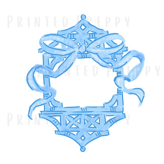 Blue Chinoiserie Bow Frame PNG • Hand-Drawn Pagoda Crest Clipart • Preppy Digital  • Grandmillennial Label Frame • Nursery & Boutique