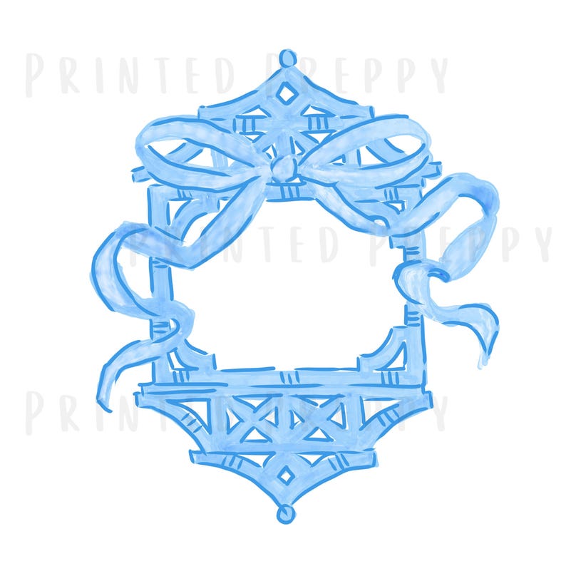 May include: A light blue watercolor illustration of a decorative frame with a bow. The frame has a lattice design and a bow at the top. The text "PRINTED PREPPY" is visible in the background.