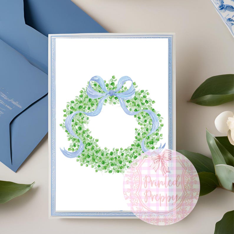 Corona de lazo azul Grandmillennial PNG // Clipart preppy Grandmillennial // Clip art de invitación de baby shower preppy // Corona de boj con lazo imagen 3