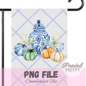 Fall PNG , Chinoiserie Ginger Jar Pumpkin PNG, Blue and White Fall Watercolor, Grandmillennial Autumn Decor PNG, Thanksgiving Sublimation