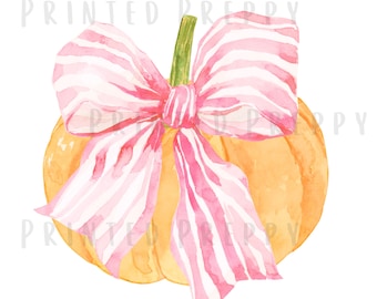 Preppy Pumpkin with Bow PNG // Pink Bow Coquette Pumpkin PNG // Watercolor Pink Pumpkin Clipart // Grandmillenial Pumpkin / Preppy Fall PNG