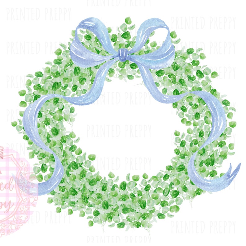 Grandmillennial Blue Bow Wreath PNG // Preppy Grandmillennial Clipart // Preppy Shower Invitation Clip Art // Boxwood Wreath with Bow