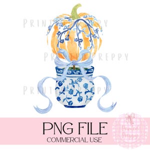 Chinoiserie Kürbis Topiary mit Schleife PNG // Preppy Fall // Preppy Kürbis // Chinoiserie Fall // Grandmillenial Kürbis / Herbst PNG