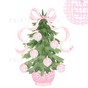 Chinoiserie-kerstboom met roze strik, png //Pink Christmas-png // Chinoiserie-kerst // Grandmillenial-kerst / Zuiderse kerst
