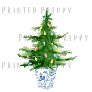 Chinoiserie-kerstboom met gekleurde lichtjes, png / blauwe en witte kerst / digitale download / chinoiserie kerst / Grandmillennial