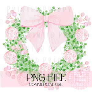 Chinoiserie-kerstkrans met roze strik png//roze kerst-png//digitale download chinoiserie-kerst// grandmillenial-kerst