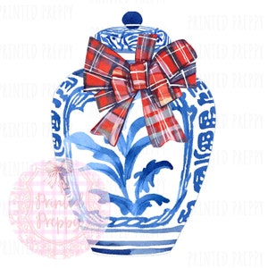 Chinoiserie-gemberpot met tartanstrik png/// chinoiserie-kerst// Chinoiserie geruite strik