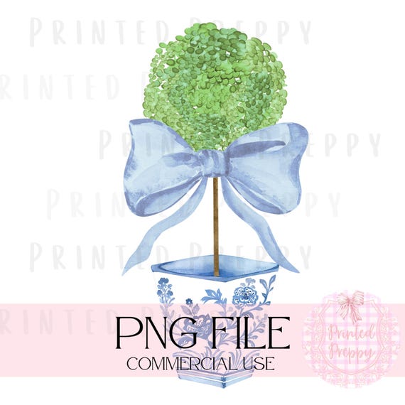 Chinoiserie topiary with Blue Bow PNG // Blue and White PNG // Chinoiserie Clipart // Grandmillennial Spring