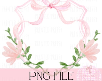 Preppy Pink Floral Crest PNG // Preppy Grandmillennial Clipart // Preppy Shower Invitation Clip Art // Preppy Print // Pink Watercolor Crest