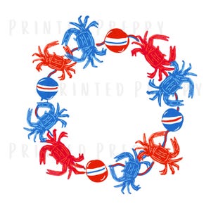 May include: A circular design featuring red and blue crabs alternating with red, white, and blue striped balls. The illustration is on a white background and has a hand-drawn aesthetic.
