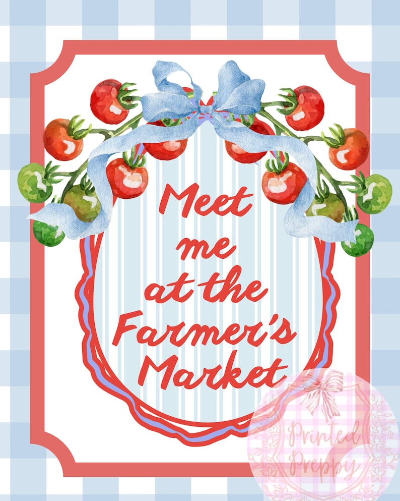Op de afbeelding: Waterverfillustratie met een rood en blauw thema. De afbeelding toont een rood omkaderde lijst met de tekst "Meet me at the Farmer's Market" in rood script. Een blauwe strik en tomatentakken versieren de bovenkant.