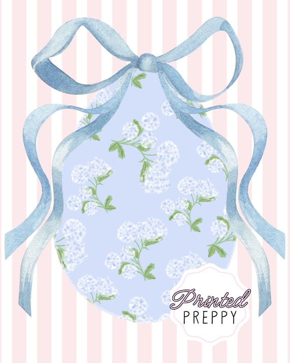 Grandmillennial Easter Egg PNG with Blue Bow | Hydrangea Floral Easter Clipart | Preppy Spring Watercolor Egg / Coastal Grandma