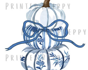 Blue Pumpkin Topiary with Bow PNG // Preppy Fall Pumpkins / Fall PNG Grandmillenial /Pumpkin Topiary / Pumpkin with Bow/Chinoiserie Pumpkin