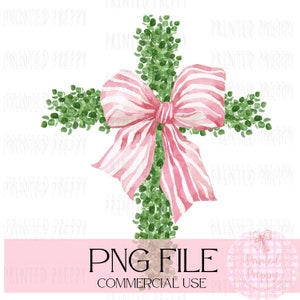 Cruz de lazo rosa de madera de boj con acuarela PNG // Imágenes prediseñadas de estilo chino // Grandmillennial // Pascua preppy // Bautismo // Decoración de iglesia para el domingo de Pascua