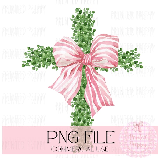 Watercolor Boxwood Pink Bow Cross PNG // Chinoiserie Clip Art// Grandmillennial // Preppy Easter // Baptism // Easter Sunday Church Decor