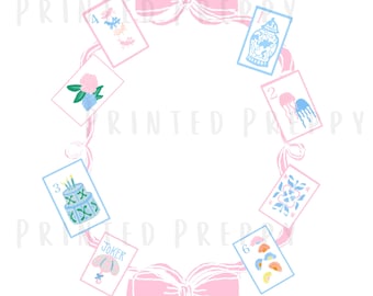Preppy Mahjong Crest PNG Mahjong Clipart Pink and Blue Grandmillennial Floral Mahjong Garden Party Mahjong tiles pink bow crest Ginger Jar
