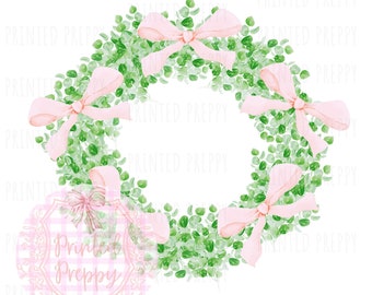 Preppy Pink Bows Wreath PNG // Preppy Grandmillennial Clipart // Preppy Shower Invitation Clip Art // Preppy Print