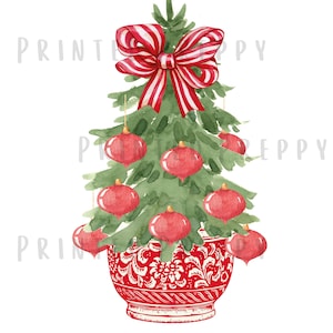 Chinoiserie-kerstboom met rode gestreepte strik png/// kerst-png// digitale download chinoiserie kerst met ornamenten/rode strik