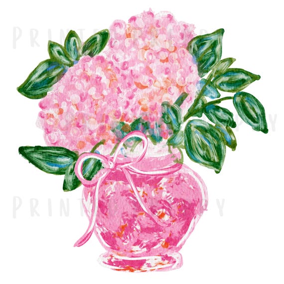 Pink Hydrangeas with Orange PNG - Grandmillenial Digital Art - Instant Download // Preppy Clipart // Southern Charm // Summer PNG