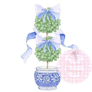 Topiary chinoiserie met blauwe strikken, png-bestand // blauw-witte png-bestand // chinoiserie-clipart // Grandmillennial