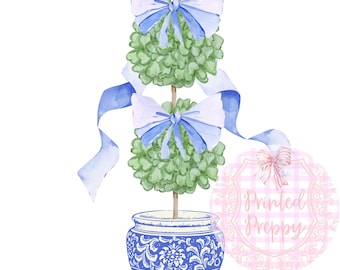 Topiária Chinoiserie com Laços Azuis PNG // Azul e Branco PNG // Clipart Chinoiserie // Grandmillennial