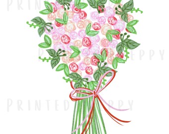 Ramo de corazón floral preppy PNG//Clipart de corazón de rosa dibujado a mano//Descarga digital