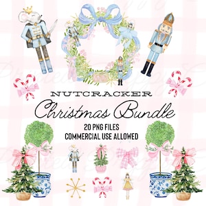 Puede incluir: Una colección digital de ilustraciones en acuarela que incluye figuras de cascanueces, un rey ratón, una corona floral con un lazo azul, bastones de caramelo, árboles de Navidad en macetas azul y blanco, y lazos. Texto: NUTCRACKER Christmas Bundle 20 PNG FILES COMMERCIAL USE ALLOWED.