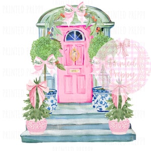 Chinoiserie roze kerst veranda png // roze kerst png // grandmillennial kerst/ preppy kerstkaart