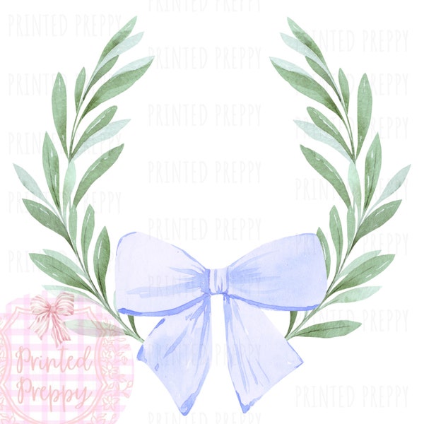Grandmillennial Bow Crest // Coquette Clipart // Blue Bow Floral PNG // Laurel Wreath // Crest Clipart