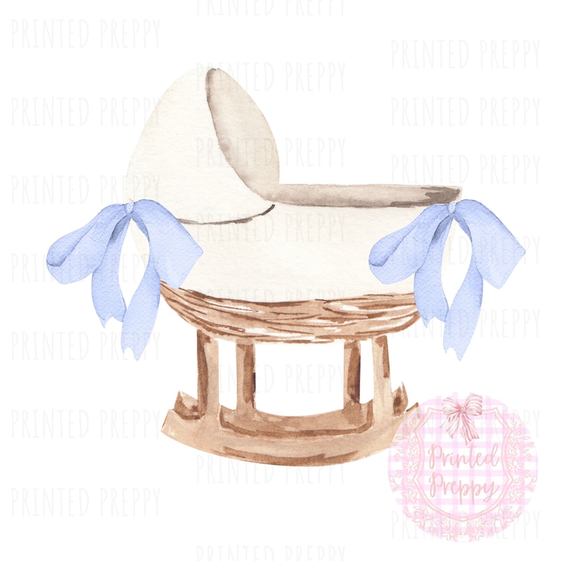 May include: A white wooden rocking cradle with a light brown base and two blue bows. The cradle is decorated with a watercolor effect.