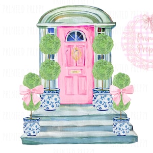 Topiary chinoiserie roze deur png-bestand // blauw en wit decor // housewarming // Grandmillennial /Preppy House/aquarel vormsnoei