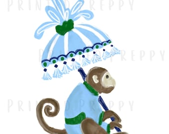 Hand-Drawn Monkey with Parasol PNG | Preppy Chinoiserie Clipart | Grandmillennial Nursery & Craft Art