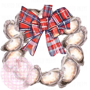 Corona de ostras con lazo de tartán PNG / Navidad costera / Grandmillennial / Hamptons / Imágenes prediseñadas náuticas / Estilo de abuela costera