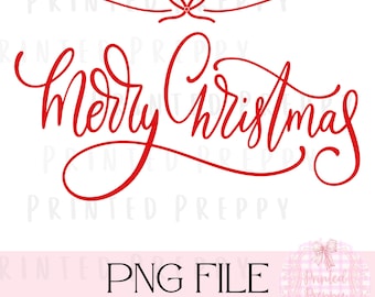 May include: Red cursive text that reads "Merry Christmas" with a red bow above the text.