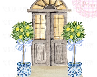 Topiárias de limão Chinoiserie com porta cinza PNG // Decoração azul e branca // Baixar Chinoiserie // Grandmillennial / Preppy House