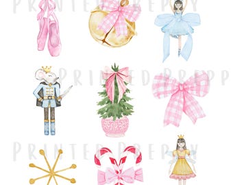 May include: A set of watercolor illustrations featuring a nutcracker mouse, a ballerina, a Christmas tree, a snowflake, candy canes, and a bell with a pink and white gingham bow.