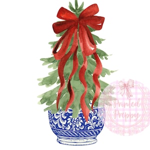 Chinoiserie-kerstboom met eenvoudige rode strik, png PNGEgg // Kerst-png // Chinoiserie kerst digitaal downloaden