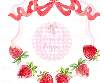 Preppy Strawberry Crest Watercolor PNG /Summer PNG /  Grandmillennial Clipart /  Preppy Strawberry Birthday Clip Art
