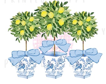 Topiárias de limão estilo Chinoiserie com laço azul PNG // PNG azul e branco // Download digital Chinoiserie // Grandmillennial