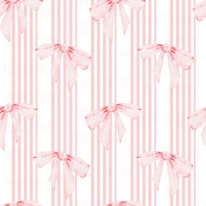 Pode incluir: Um padrão sem costura com laços rosa de aquarela sobre um fundo branco com listras verticais rosa.