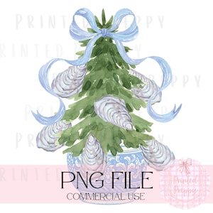 Árbol de ostras de acuarela con lazo azul PNG // Navidad costera // Clipart náutico // Estilo de abuela costera / Abuela milenaria costera