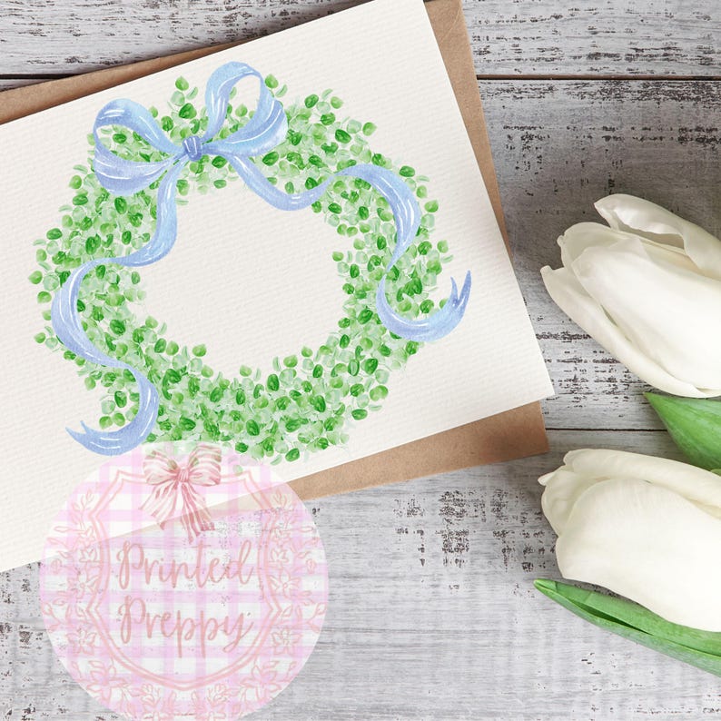 Corona de lazo azul Grandmillennial PNG // Clipart preppy Grandmillennial // Clip art de invitación de baby shower preppy // Corona de boj con lazo imagen 2