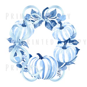 Grandmillenial Blauer Kürbiskranz mit Schleife PNG // Preppy Herbst // Preppy Kürbis // Chinoiserie Herbst PNG