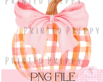 Preppy Plaid Pumpkin Watercolor with Pink Bow PNG // Coquette Pumpkin // Preppy Pumpkin Bow // Grandmillenial Fall PNG