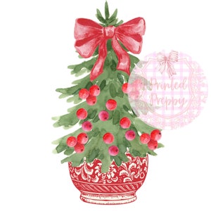 Chinoiserie-kerstboom met cranberrystrikken png //Cranberry Christmas-png // Digitale chinoiserie-kerst downloaden