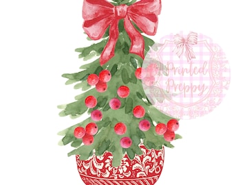 Chinoiserie Christmas Tree with Cranberry Bows PNG //Cranberry Christmas PNG // Digital Download Chinoiserie Christmas