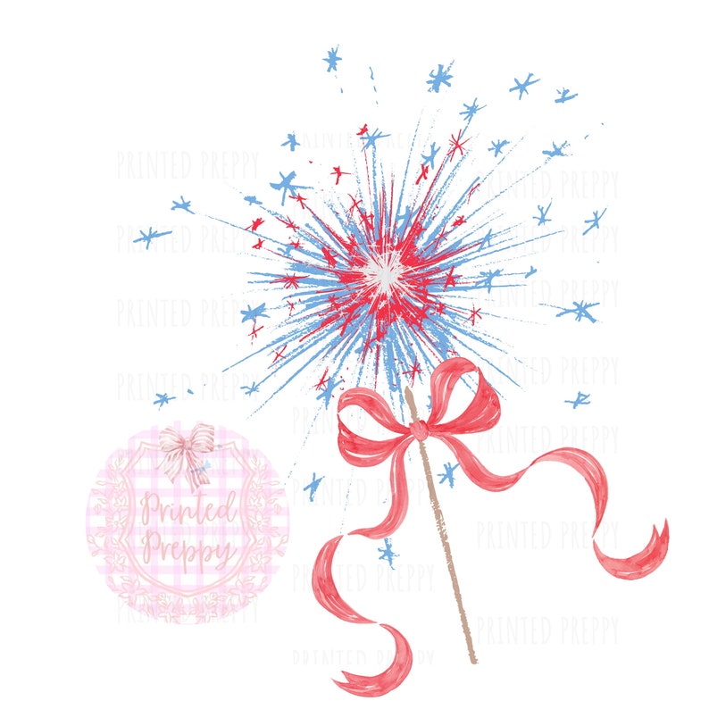 This fourth of July sparkler is adorned with a delightful red bow . Watercolor sparkler in red, white and blue with bow.